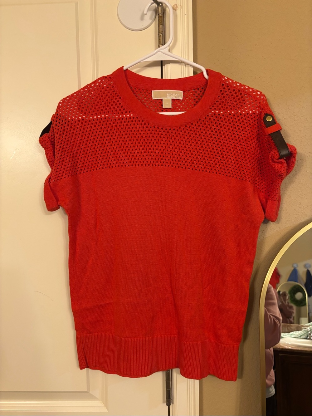 Michael Kors Bright Red Mesh Yoke Short Sleeve Knit Top